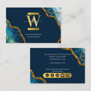 Blue & Guld Agate Geode Glitter Monogram Marble Visitkort