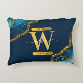 Blue & Guld Agate Geode Glitter Monogram Prydnadskudde