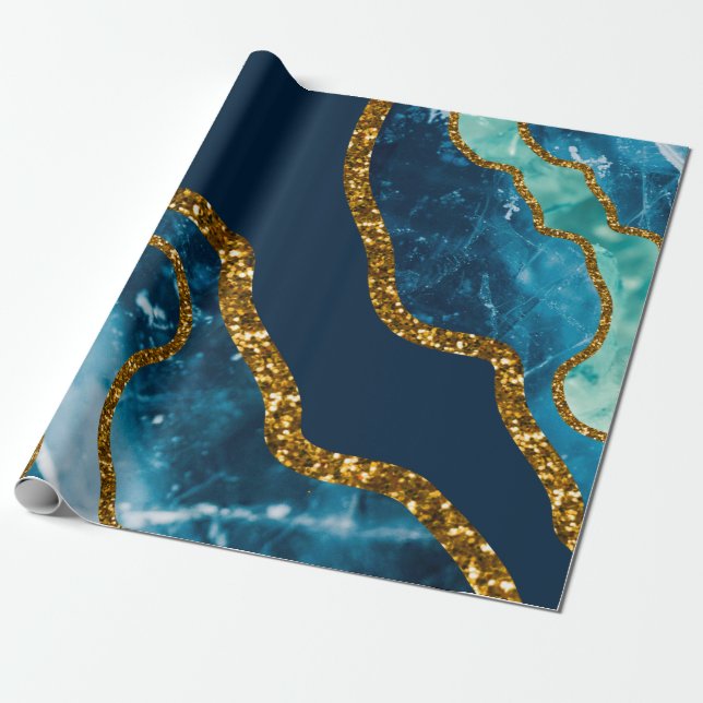 Blue & Guld Agate Geode Glitter Presentpapper (Utrullad)