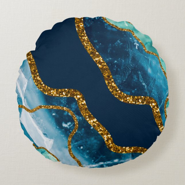 Blue & Guld Agate Geode Glitter Rund Kudde (Framsidan)