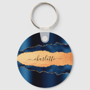 Blue guld agate marble namn-skript nyckelring