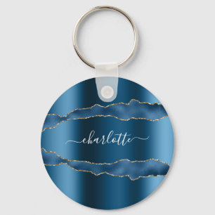 Blue guld agate marble namn-skript nyckelring