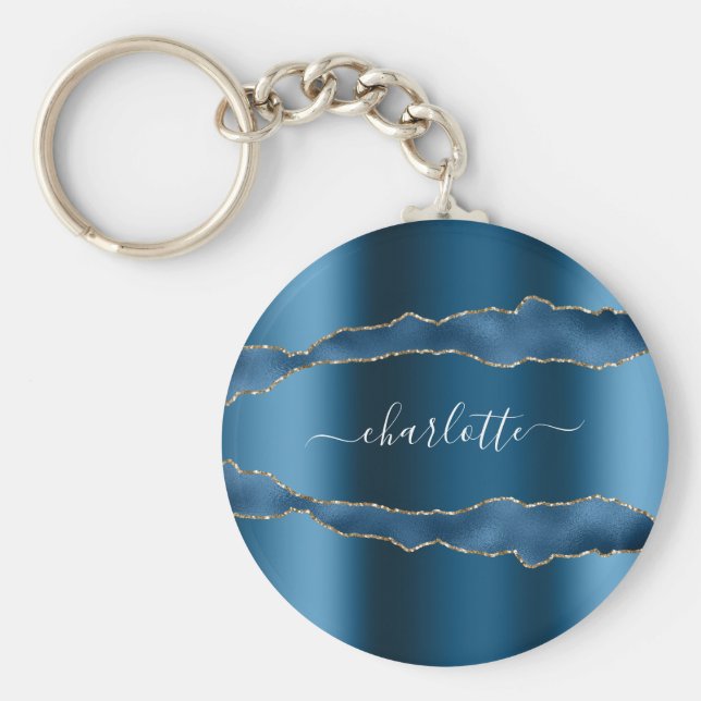 Blue guld agate marble namn-skript nyckelring (Framsidan)