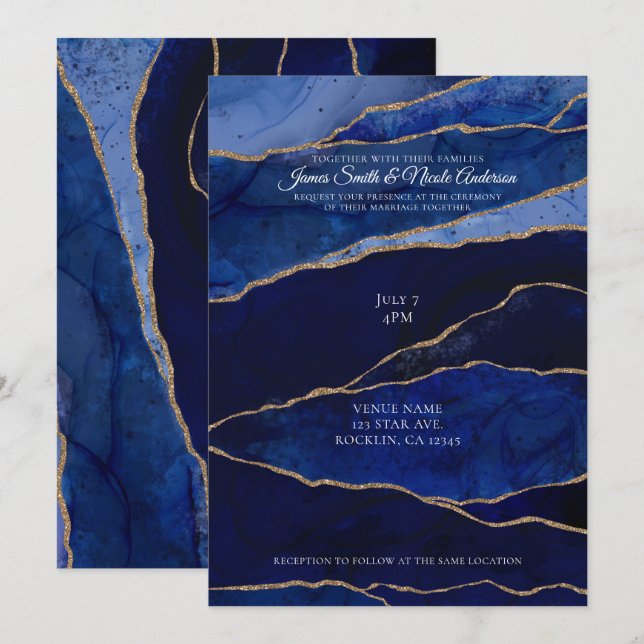 Blue & Guld Agate Modern Glam Minimal Bröllop Inbjudningar (Fram/baksida)