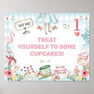 Blue Guld Alice One-derland 1st Birthday Sign Poster