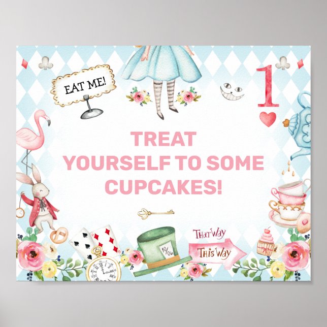 Blue Guld Alice One-derland 1st Birthday Sign Poster (Framsidan)