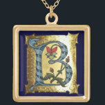 BLUE GULD B BREV MED FLÖDESMONOGRAM GULDPLÄTERAT HALSBAND<br><div class="desc">Medieval blommigt B inital brev mot bakgrund av guld.</div>