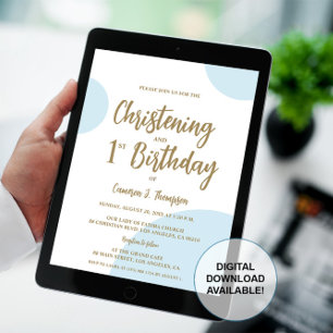 Blue Guld Baby Christening och 1:a födelsedag Inbjudningar