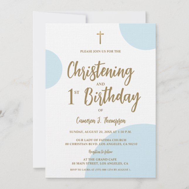 Blue Guld Baby Christening och 1:a födelsedag Inbjudningar (Framsida)