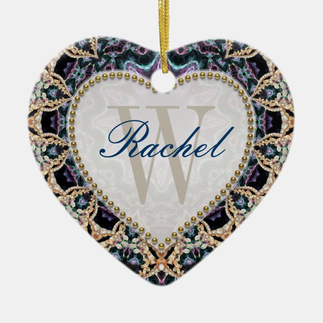 Blue Guld Batik Monogram Kärlek Heart Ornament (Framsidan)