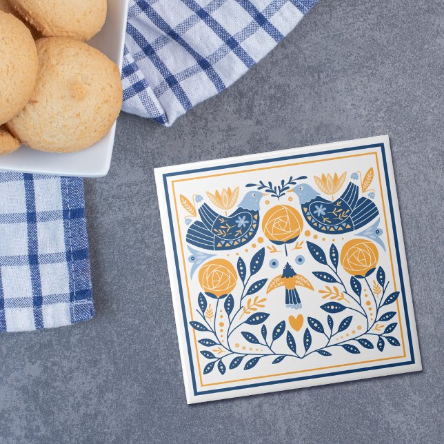Blue Guld Bird Hygge Mönster Kakelplatta (Skapare uppladdad)