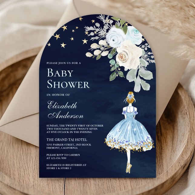 Blue Guld Blommigt Ballerina Arch Navy Baby Shower Inbjudningar (Skapare uppladdad)