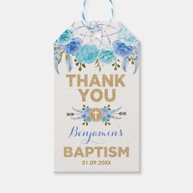 Blue Guld Blommigt Dreamcatcher Baptism Christenin Presentetikett (Framsidan)