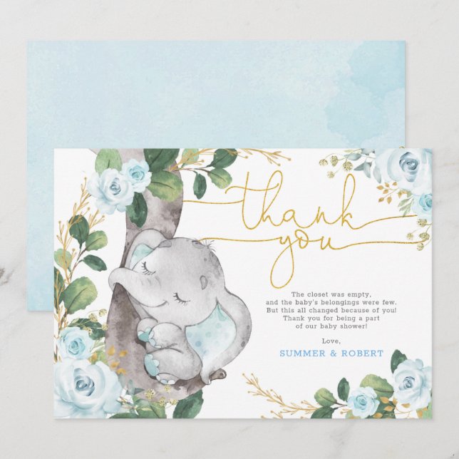 Blue Guld Blommigt Elephant Baby - tackkort Inbjudningar (Fram/baksida)