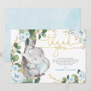 Blue Guld Blommigt Elephant Baby - tackkort Inbjudningar