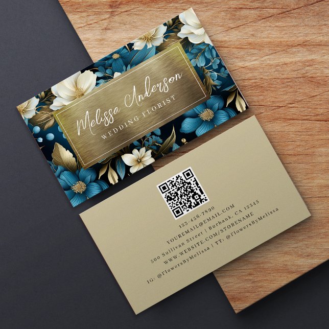 Blue Guld Blommigt Foil QR Code Luxe Visitkort (Skapare uppladdad)