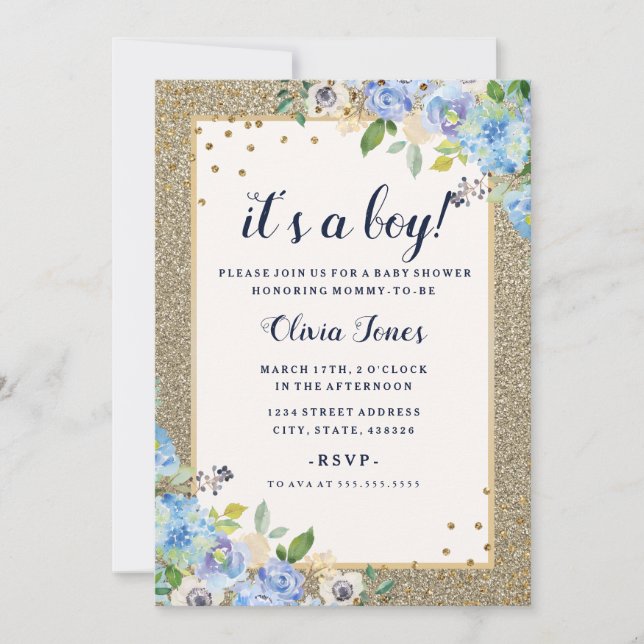 Blue Guld blommigt Gnistra Boy Baby Shower Inbjudningar (Framsida)