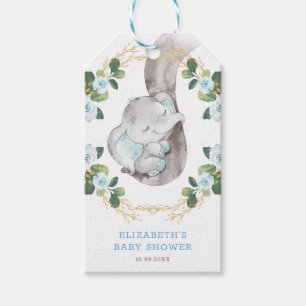Blue Guld Blommigt Jungle Elephant Shower Birthday Presentetikett