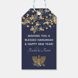 Blue & Guld Blommigt + Menorah Mönster Hanukkah Bl Presentetikett