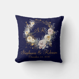 Blue Guld Blommigt Monogram Logotyp Bröllop Gift Kudde