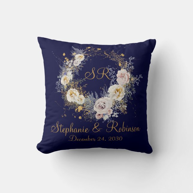 Blue Guld Blommigt Monogram Logotyp Bröllop Gift Kudde (Framsida)
