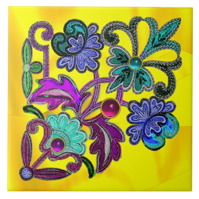 BLUE GULD BLOMMIGT SNÖRE, BLOMMOR, FÄRGGGEMSTONER  KAKELPLATTA (Framsidan)