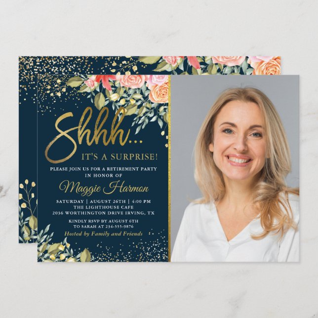 Blue Guld Blommigt Surprise Pension Party foto Inbjudningar (Fram/baksida)