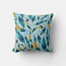 Blue Guld Boho Feathers Mönster Kudde