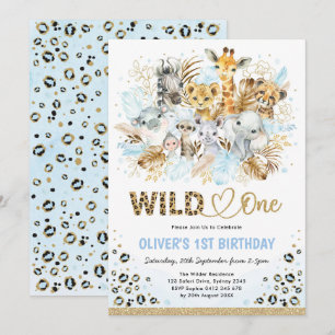 Blue Guld Boho Safari Animals Vild En födelsedag Inbjudningar