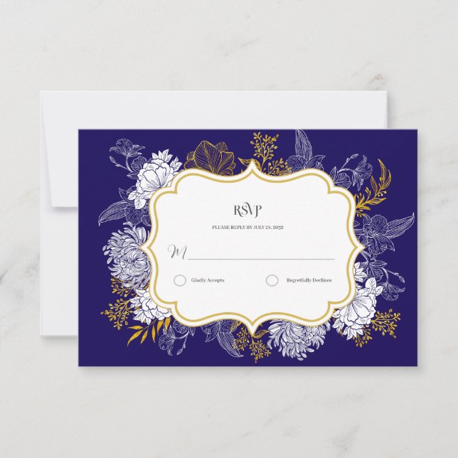 Blue Guld Botany Graphic Bröllop OSA Kort (Framsida)