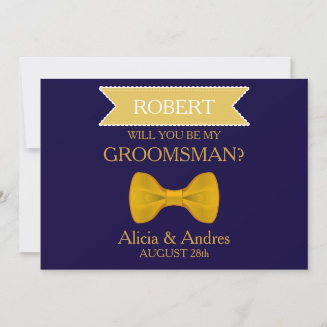 Blue & Guld Bow Kommer du att bli min Groomsman? Inbjudningar (Framsida)