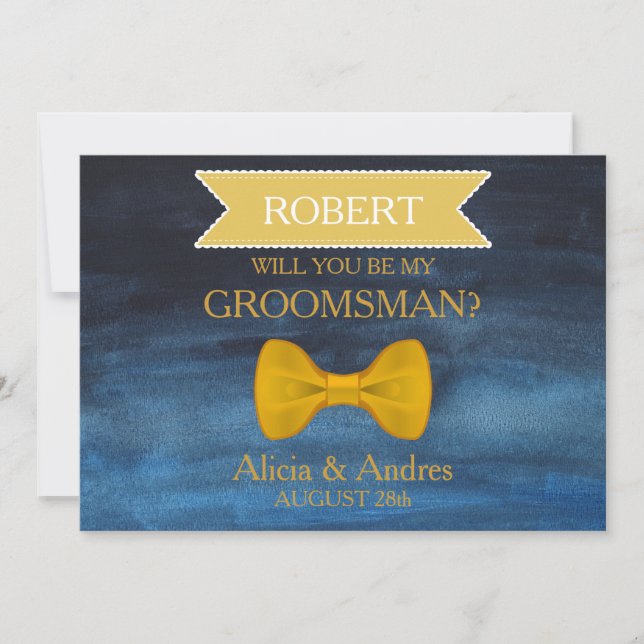 Blue & Guld Bow Kommer du att bli min Groomsman? Inbjudningar (Framsida)