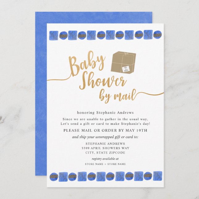 Blue Guld Boy Baby Shower per post Inbjudningar (Fram/baksida)