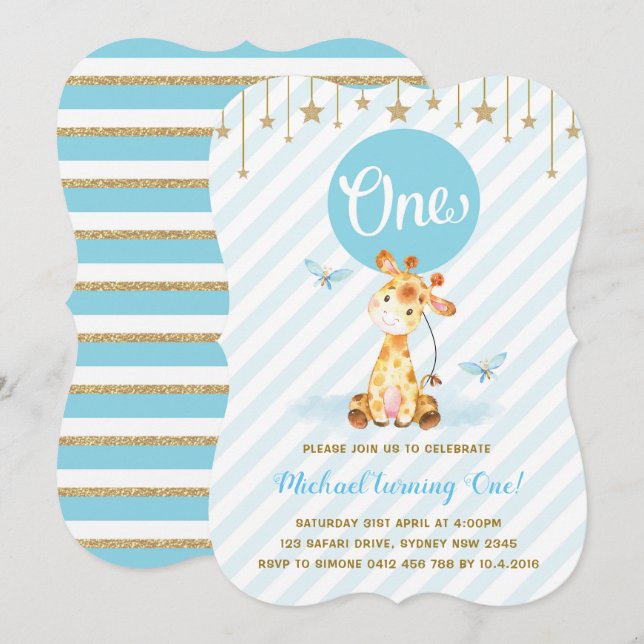 Blue Guld Boy Giraffe First Birthday Twinkle Star Inbjudningar (Fram/baksida)