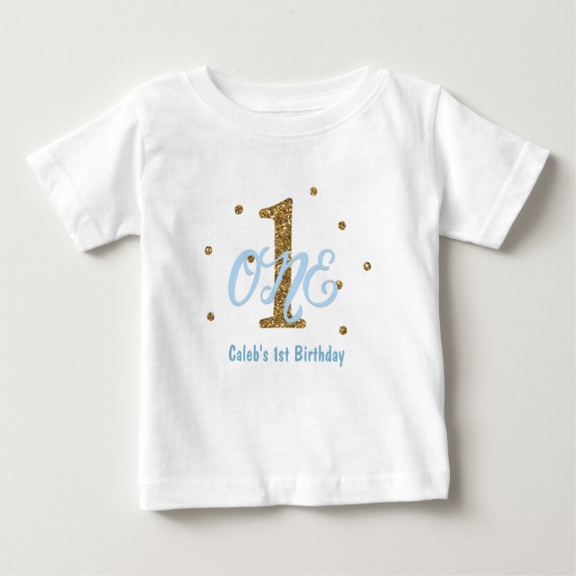 Blue & Guld Boys ONE 1st Birthday Party Anpassning T Shirt (Framsida)