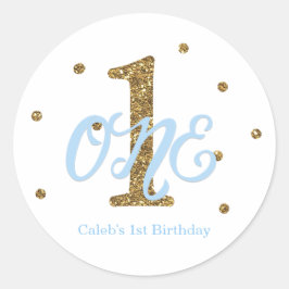 Blue & Guld Boys One 1st Birthday Party-förmån Runt Klistermärke