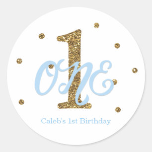 Blue & Guld Boys One 1st Birthday Party-förmån Runt Klistermärke