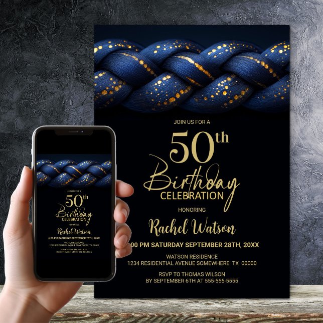 Blue Guld Braid 50:e Födelsedagsfesten Inbjudningar (Skapare uppladdad)