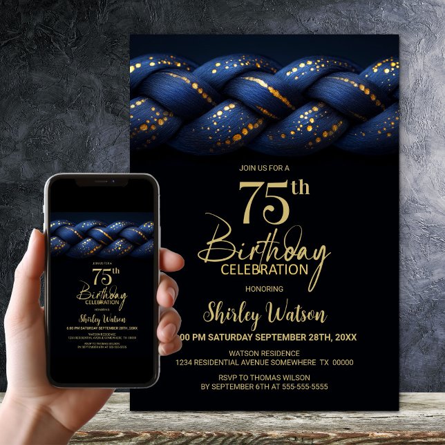 Blue Guld Braid 75:e Födelsedagsfest Inbjudningar (Skapare uppladdad)