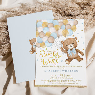 Blue Guld Brown Nalle Boy Baby Shower Inbjudningar