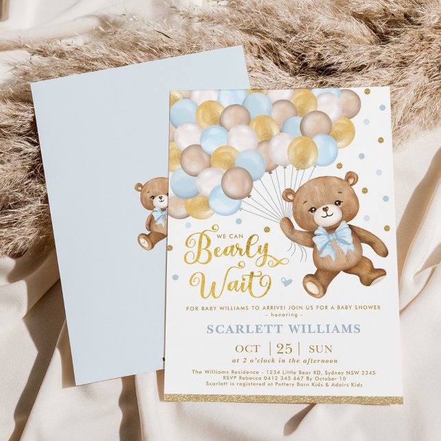 Blue Guld Brown Nalle Boy Baby Shower Inbjudningar (Skapare uppladdad)