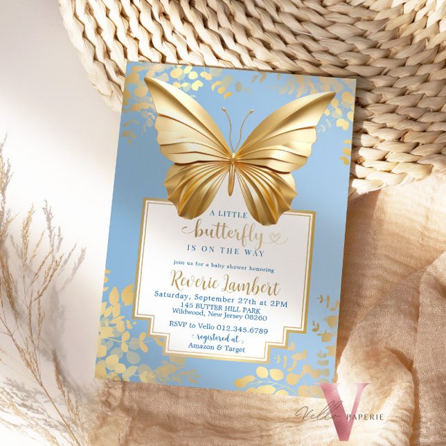 Blue Guld Butterfly Baby Shower Inbjudningar (Skapare uppladdad)