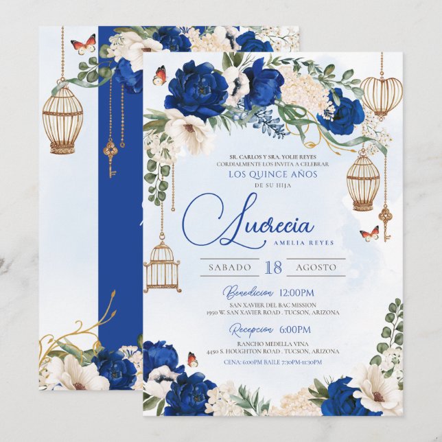 Blue Guld Butterfly Blommigt Elegant Quinceañera Inbjudningar (Fram/baksida)