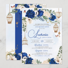 Blue Guld Butterfly Blommigt Elegant Quinceañera Inbjudningar