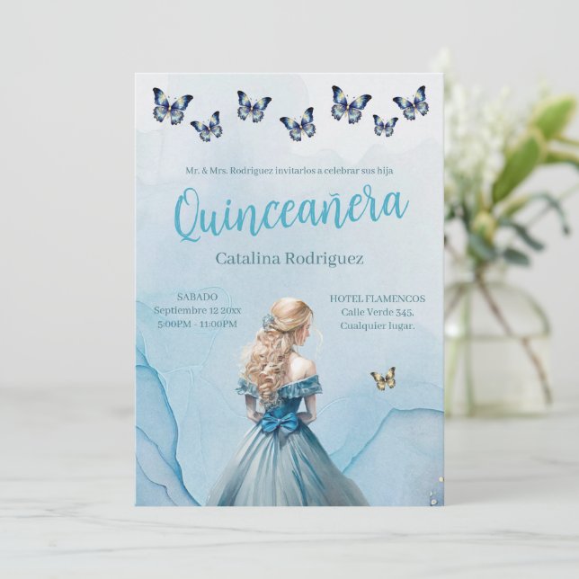 Blue Guld Butterfly Princess Quinceañera Inbjudningar (Stående Fram)