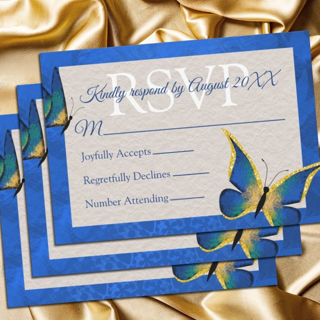 Blue, Guld Butterfly Quinceañera OSA kort (royal blue gold quinceanera rsvp cards for elegant blue butterfly invitations)