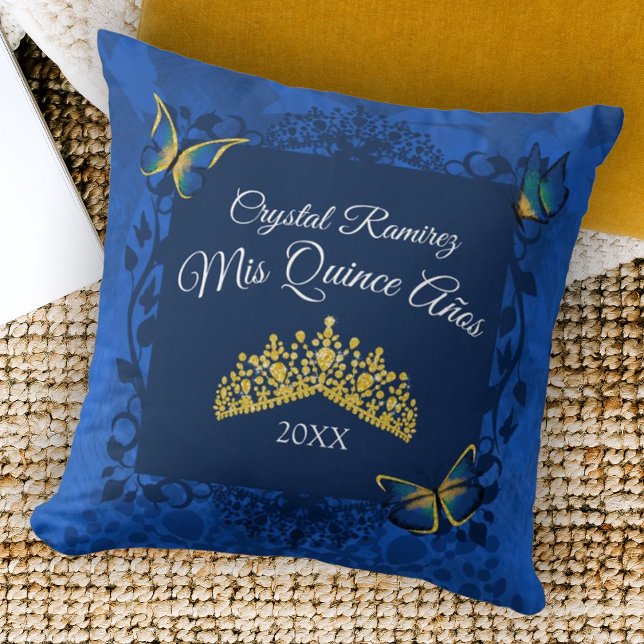 Blue, Guld Butterfly Tiara Quinceanera Pillow Kudde (royal blue quinceanera throw pillow gold tiara rhinestone gemstones gold butterflies keepsake gift )