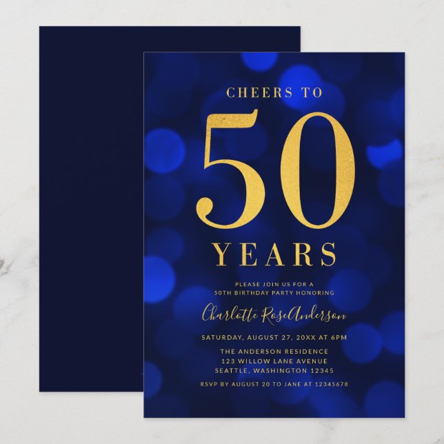 Blue Guld Cheers till 50 års Födelsedagsfest Inbjudningar (Fram/baksida)