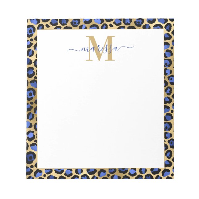 Blue Guld Cheetah Print Initial with Namn Monogram Anteckningsblock (Framsida)