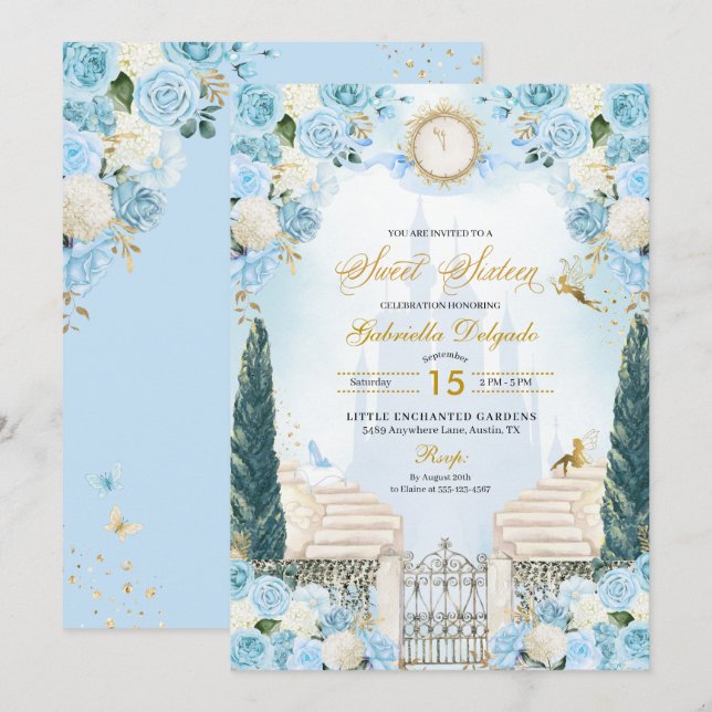 Blue & Guld Cinderella Princess Sweet sixteen Inbjudningar (Fram/baksida)